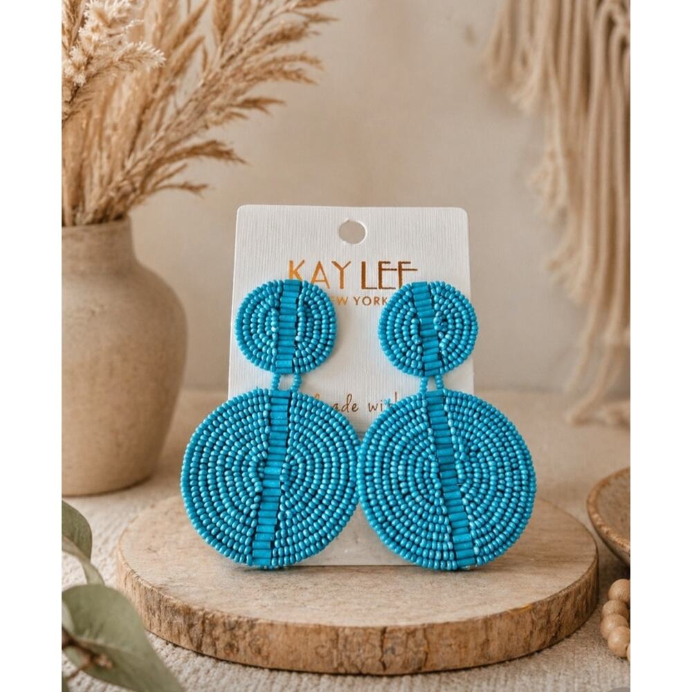 Kay Lee Blue Beaded Round Earrings New
